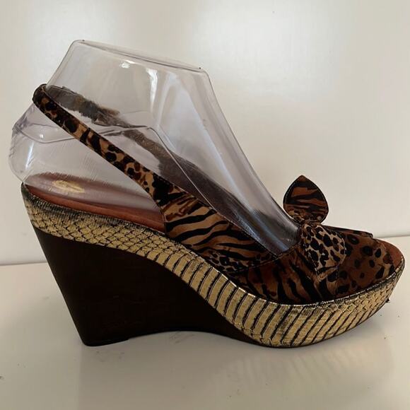 Sam Edelman SZ 7 Wedge Platform Peep Toe Sling Back Animal Print Mob Wife Heels - Picture 1 of 7